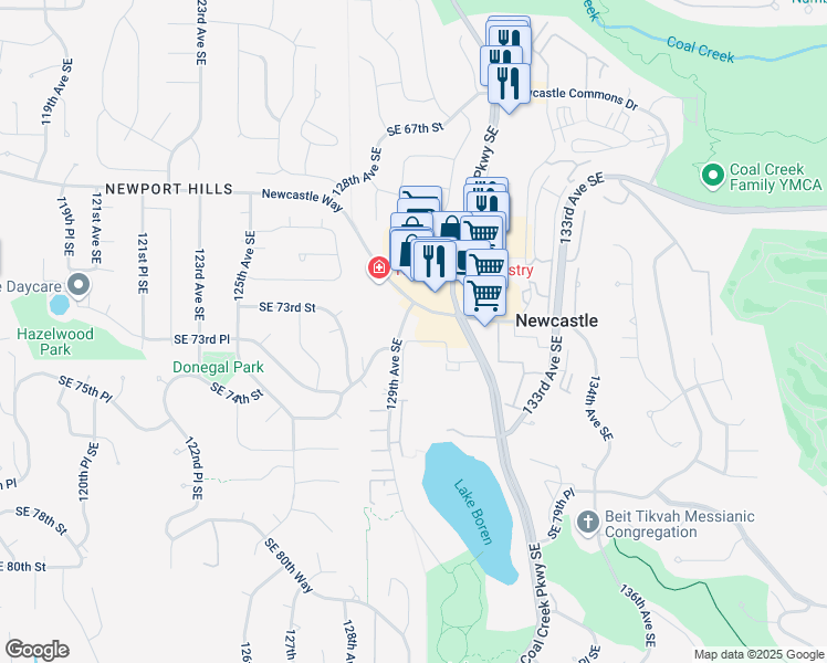 map of restaurants, bars, coffee shops, grocery stores, and more near 12901 Newcastle Way in Newcastle