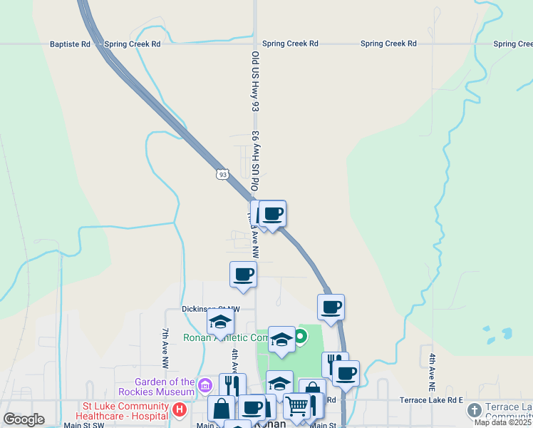 map of restaurants, bars, coffee shops, grocery stores, and more near 47414 U.S. 93 in Ronan