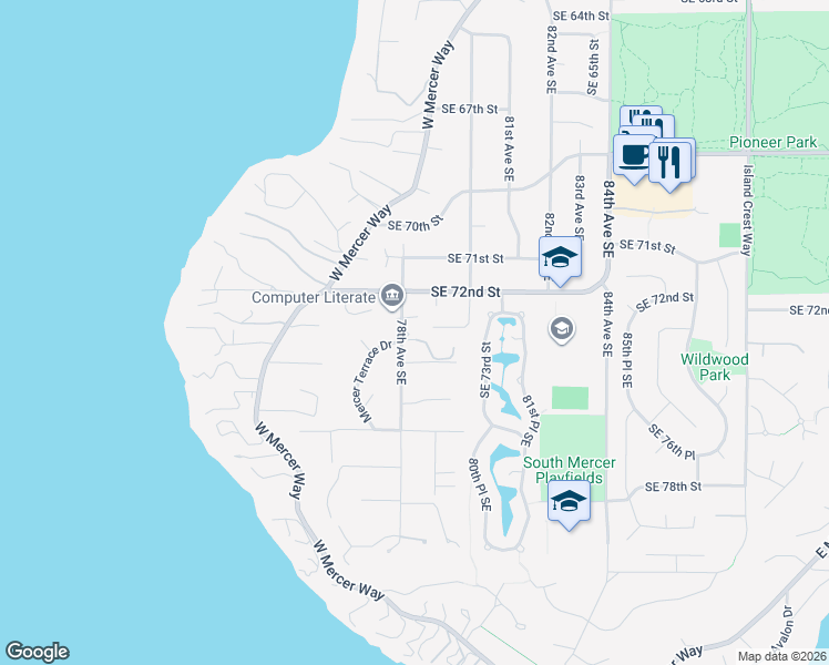 map of restaurants, bars, coffee shops, grocery stores, and more near 7216 78th Avenue Southeast in Mercer Island