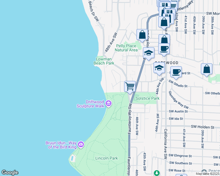 map of restaurants, bars, coffee shops, grocery stores, and more near 4915 Southwest Othello Street in Seattle