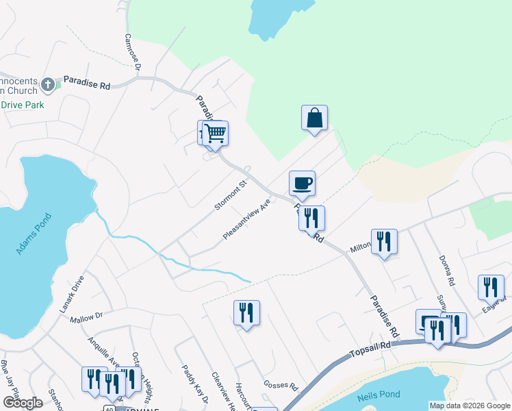 map of restaurants, bars, coffee shops, grocery stores, and more near 12 Pleasantview Avenue in Paradise