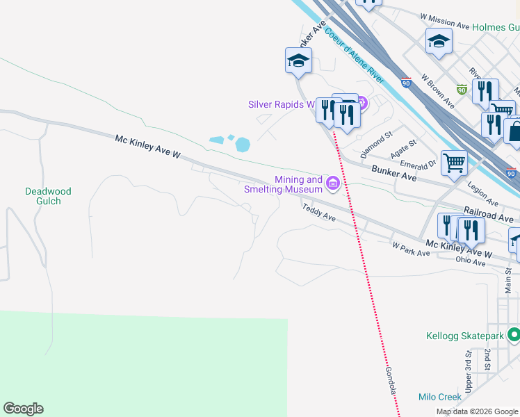 map of restaurants, bars, coffee shops, grocery stores, and more near 1 Mine Road in Kellogg