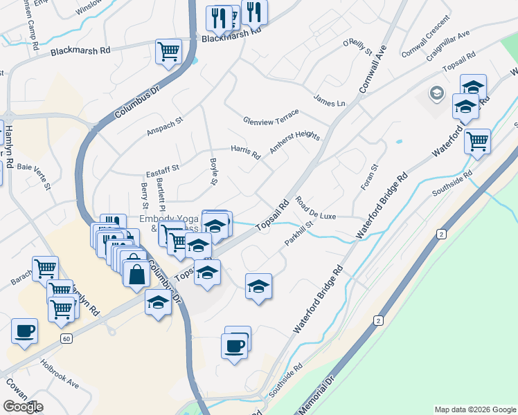 map of restaurants, bars, coffee shops, grocery stores, and more near 34 Colville Street in St. John's