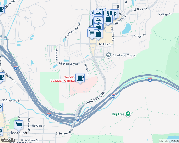 map of restaurants, bars, coffee shops, grocery stores, and more near 736 8th Avenue Northeast in Issaquah