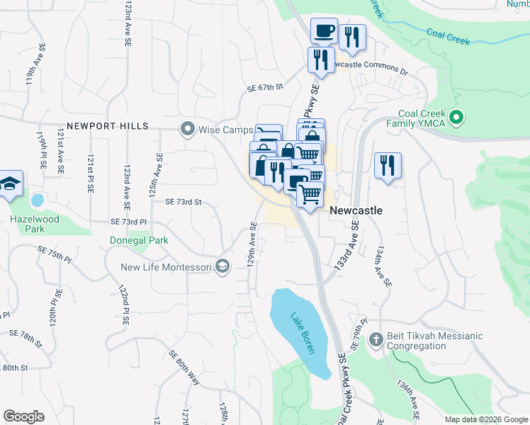 map of restaurants, bars, coffee shops, grocery stores, and more near 12901 Newcastle Way in Newcastle