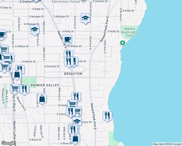 map of restaurants, bars, coffee shops, grocery stores, and more near 5211 South Orchard Terrace in Seattle