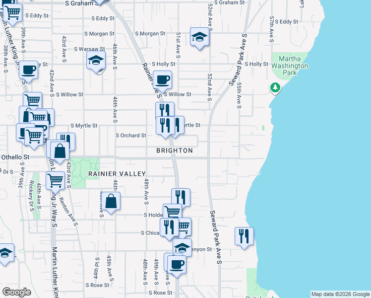 map of restaurants, bars, coffee shops, grocery stores, and more near 5111 South Orchard Street in Seattle