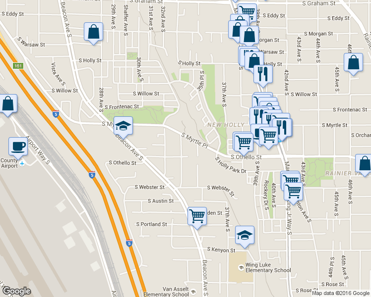 map of restaurants, bars, coffee shops, grocery stores, and more near 3323 South Myrtle Place in Seattle