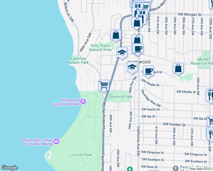 map of restaurants, bars, coffee shops, grocery stores, and more near 4622 Southwest Othello Street in Seattle