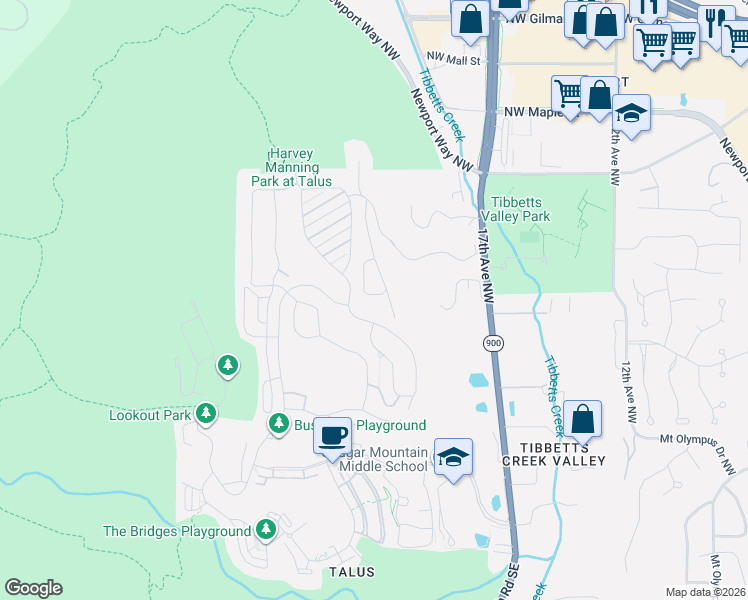 map of restaurants, bars, coffee shops, grocery stores, and more near 2119 Northwest Lynx Loop in Issaquah