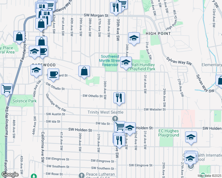 map of restaurants, bars, coffee shops, grocery stores, and more near 3520 Southwest Othello Street in Seattle