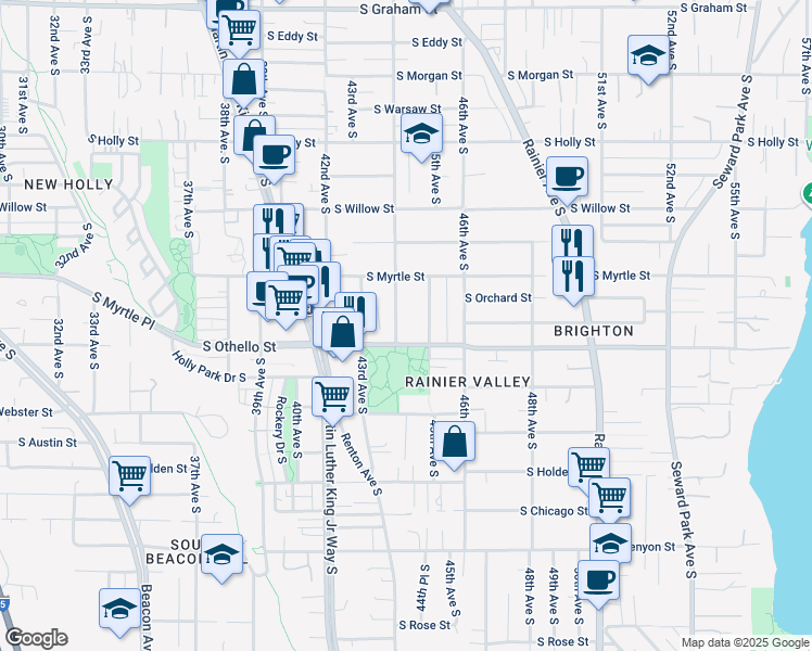 map of restaurants, bars, coffee shops, grocery stores, and more near 7146 44th Avenue South in Seattle