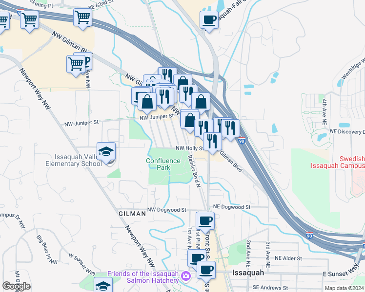 map of restaurants, bars, coffee shops, grocery stores, and more near 745 Rainier Boulevard North in Issaquah