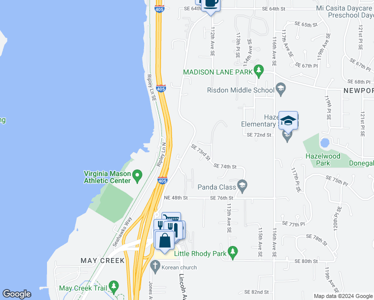 map of restaurants, bars, coffee shops, grocery stores, and more near 4904 Lake Washington Boulevard Southeast in Renton