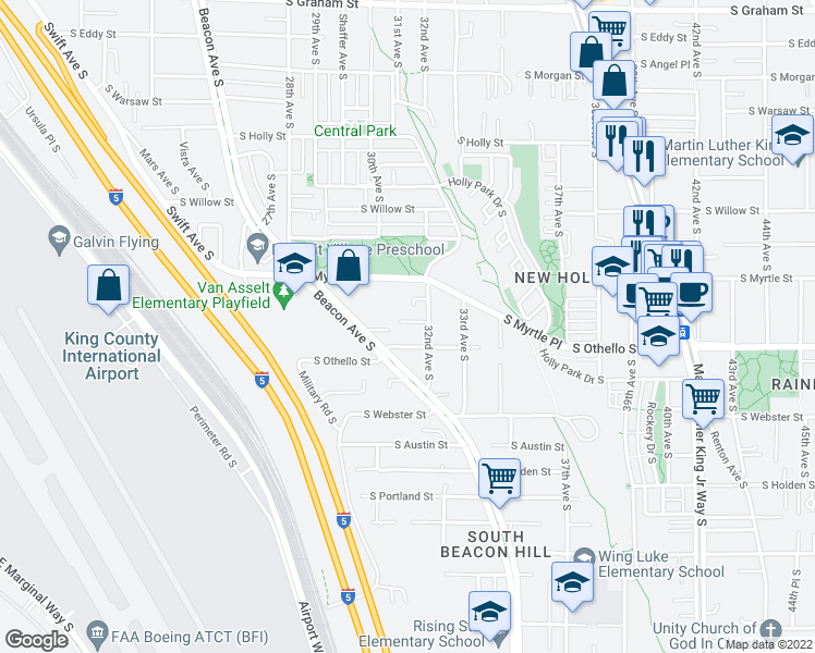 map of restaurants, bars, coffee shops, grocery stores, and more near 7119 32nd Avenue South in Seattle