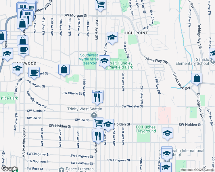 map of restaurants, bars, coffee shops, grocery stores, and more near 7141 32nd Avenue Southwest in Seattle