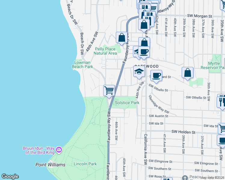 map of restaurants, bars, coffee shops, grocery stores, and more near 4622 Southwest Othello Street in Seattle