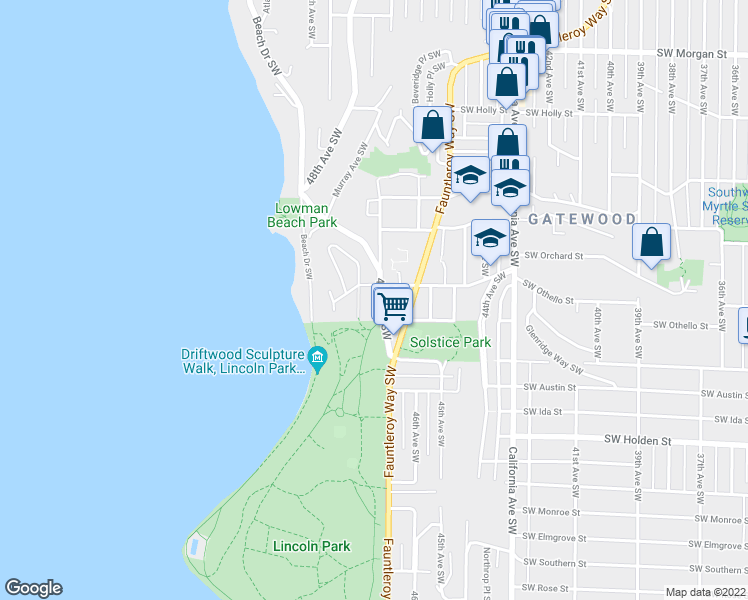 map of restaurants, bars, coffee shops, grocery stores, and more near 7302 Wright Avenue Southwest in Seattle