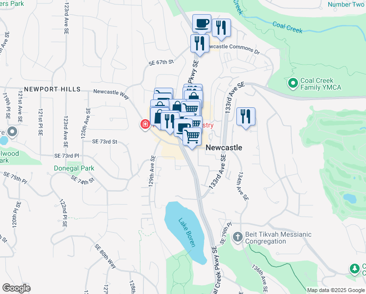map of restaurants, bars, coffee shops, grocery stores, and more near 7216 Coal Creek Parkway Southeast in Newcastle