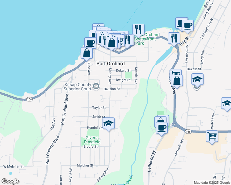 map of restaurants, bars, coffee shops, grocery stores, and more near 820 Division Street in Port Orchard