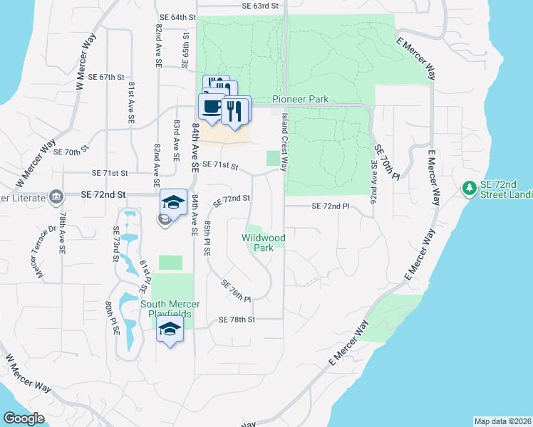 map of restaurants, bars, coffee shops, grocery stores, and more near 7221 87th Avenue Southeast in Mercer Island