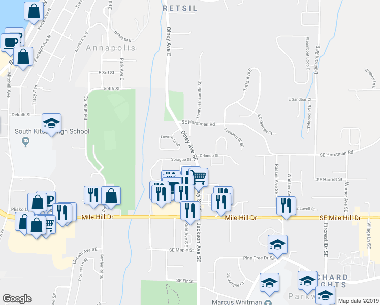 map of restaurants, bars, coffee shops, grocery stores, and more near 1222 Olney Street Southeast in Port Orchard