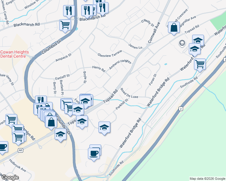 map of restaurants, bars, coffee shops, grocery stores, and more near 322 Topsail Road in St. John's
