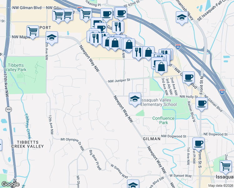 map of restaurants, bars, coffee shops, grocery stores, and more near 762 Northwest Holly Street in Issaquah