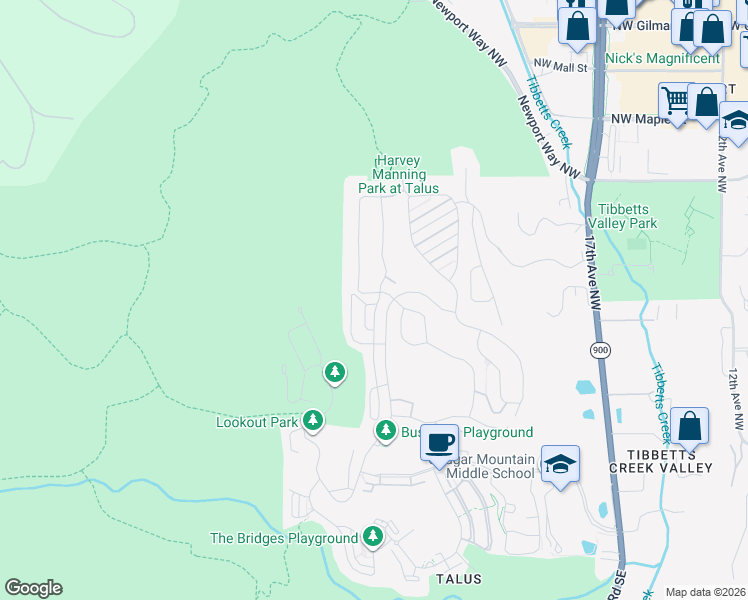 map of restaurants, bars, coffee shops, grocery stores, and more near 704 Summerhill Ridge Drive Northwest in Issaquah