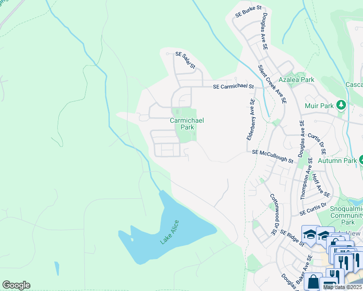 map of restaurants, bars, coffee shops, grocery stores, and more near 34021 Southeast McCullough Street in Snoqualmie