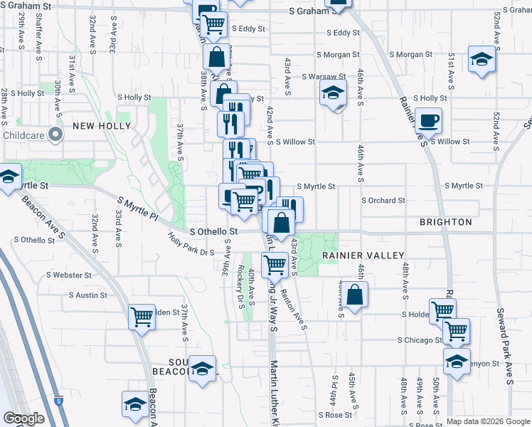 map of restaurants, bars, coffee shops, grocery stores, and more near 7136 Martin Luther King Jr Way S in Seattle