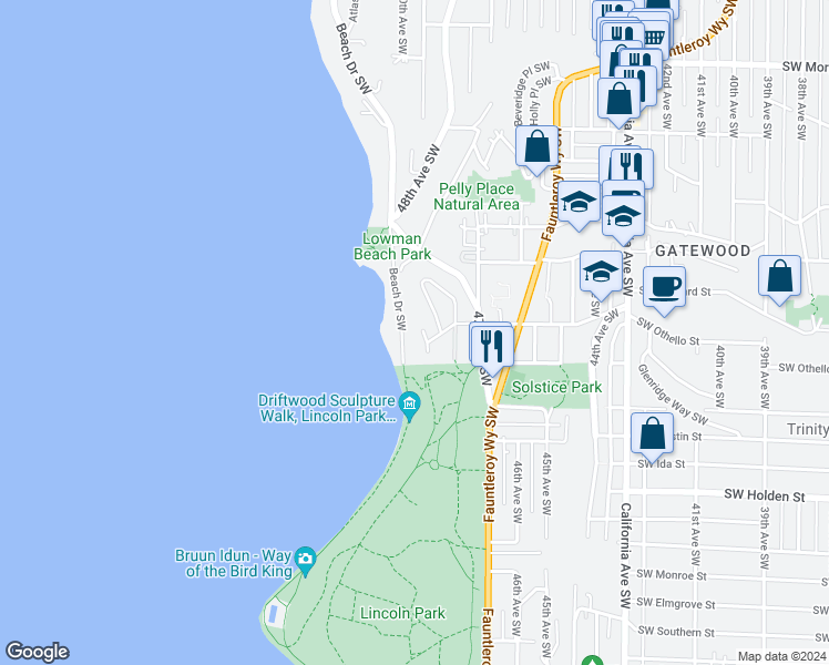map of restaurants, bars, coffee shops, grocery stores, and more near 4915 Southwest Othello Street in Seattle