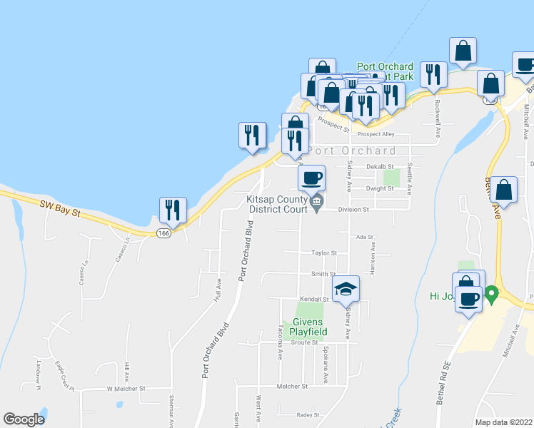 map of restaurants, bars, coffee shops, grocery stores, and more near 504 Division Street in Port Orchard