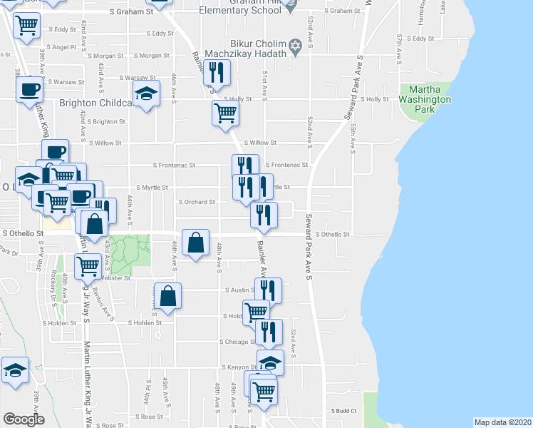map of restaurants, bars, coffee shops, grocery stores, and more near 5111 South Orchard Street in Seattle