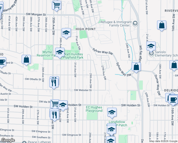 map of restaurants, bars, coffee shops, grocery stores, and more near 7141 29th Avenue Southwest in Seattle