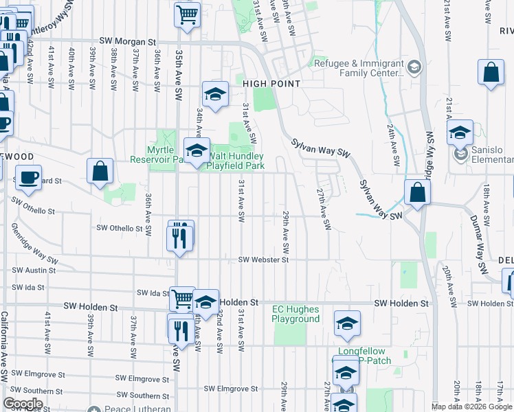 map of restaurants, bars, coffee shops, grocery stores, and more near 7139 30th Avenue Southwest in Seattle