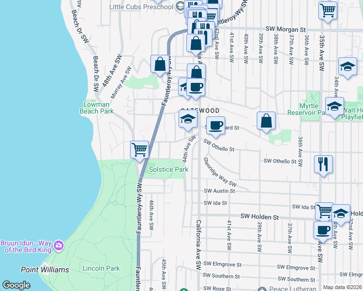 map of restaurants, bars, coffee shops, grocery stores, and more near 7304 Vashon Place Southwest in Seattle
