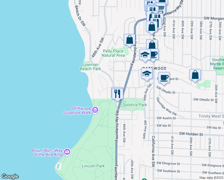 map of restaurants, bars, coffee shops, grocery stores, and more near 7302 Wright Avenue Southwest in Seattle