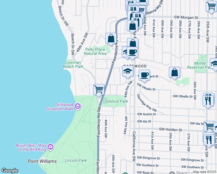 map of restaurants, bars, coffee shops, grocery stores, and more near in Seattle