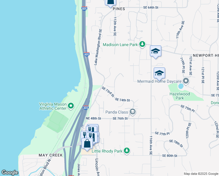 map of restaurants, bars, coffee shops, grocery stores, and more near 7221 112th Avenue Southeast in Newcastle