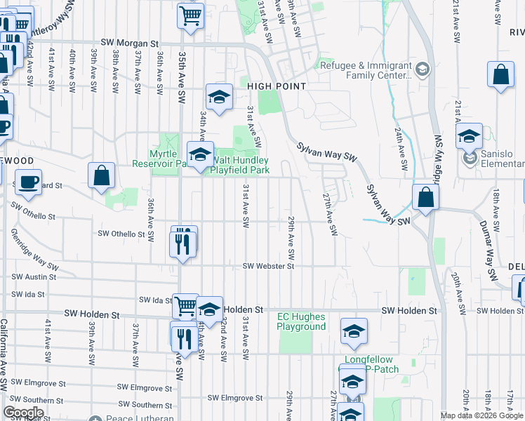 map of restaurants, bars, coffee shops, grocery stores, and more near 7139 30th Avenue Southwest in Seattle