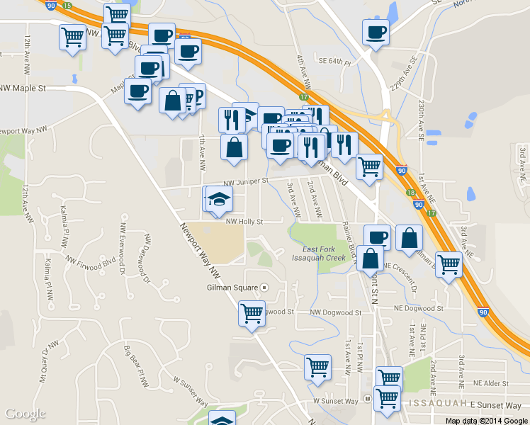 map of restaurants, bars, coffee shops, grocery stores, and more near 740 4th Avenue Northwest in Issaquah