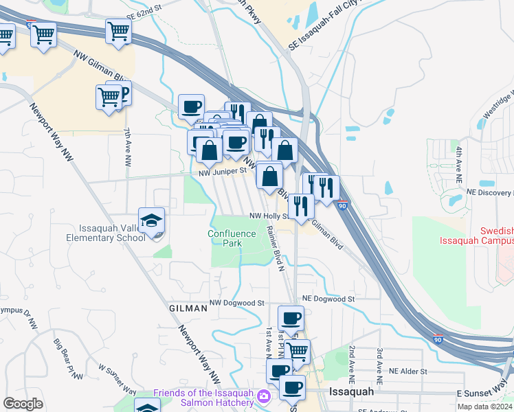 map of restaurants, bars, coffee shops, grocery stores, and more near 745 Rainier Boulevard North in Issaquah