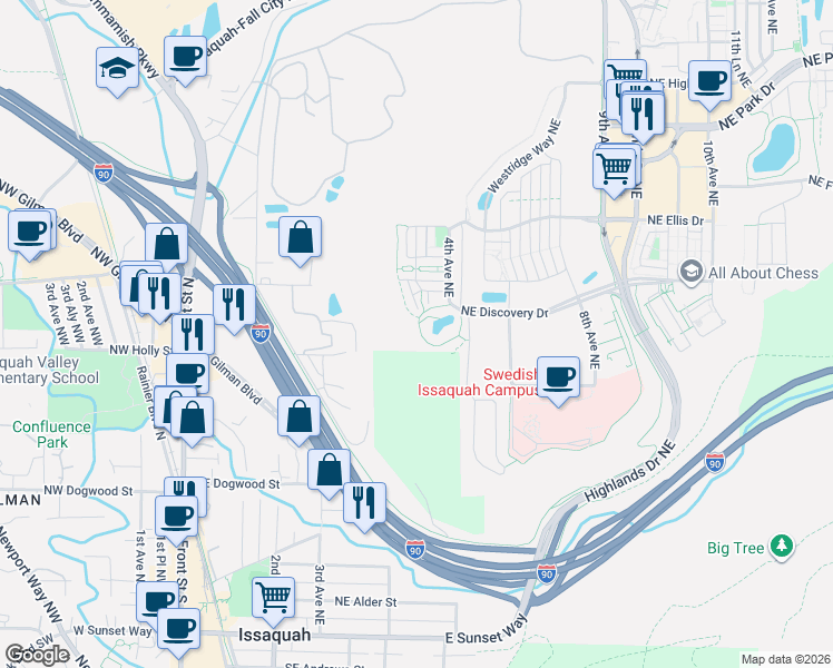 map of restaurants, bars, coffee shops, grocery stores, and more near 1350 1st Avenue Northeast in Issaquah