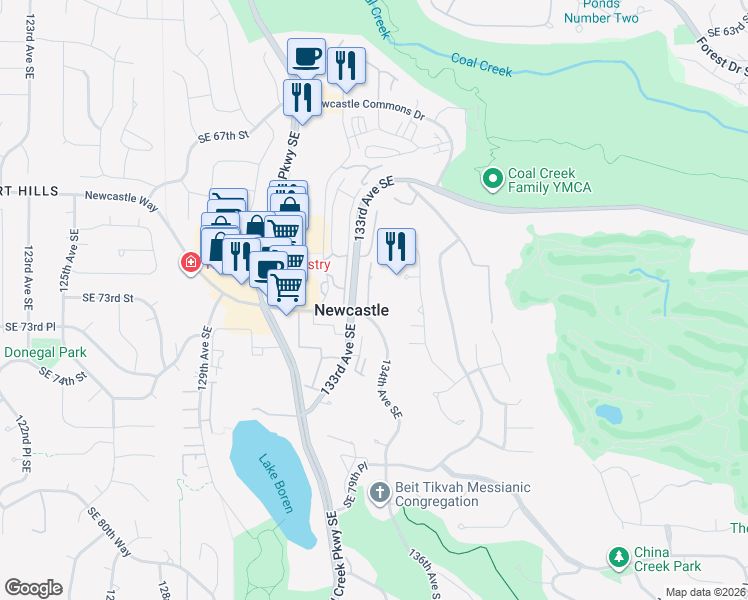 map of restaurants, bars, coffee shops, grocery stores, and more near 13209 Newcastle Way in Newcastle