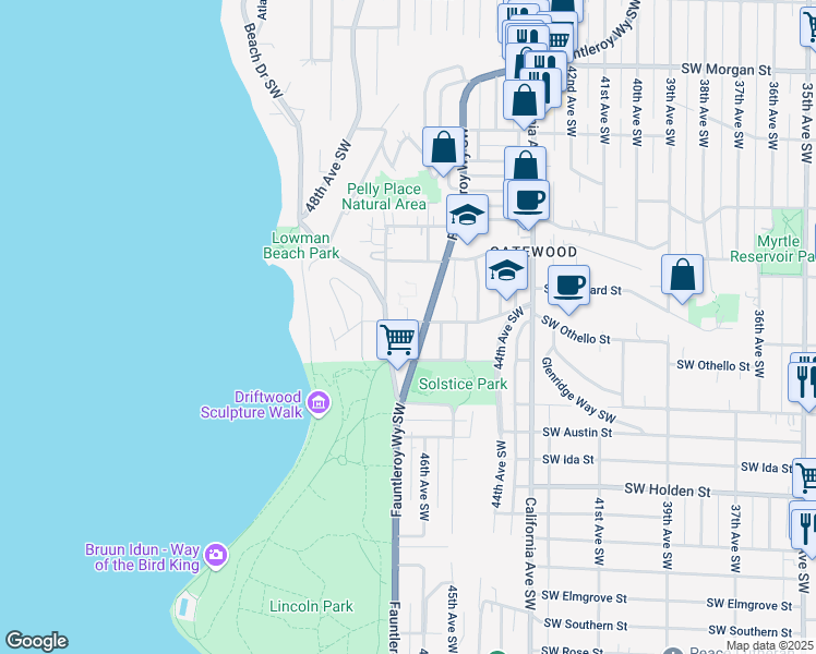 map of restaurants, bars, coffee shops, grocery stores, and more near 4622 Southwest Othello Street in Seattle