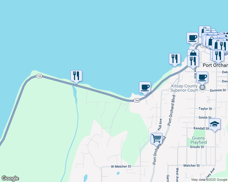 map of restaurants, bars, coffee shops, grocery stores, and more near 275 Southwest Bay Street in Port Orchard