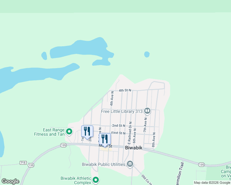 map of restaurants, bars, coffee shops, grocery stores, and more near 441 4th Ave N in Biwabik