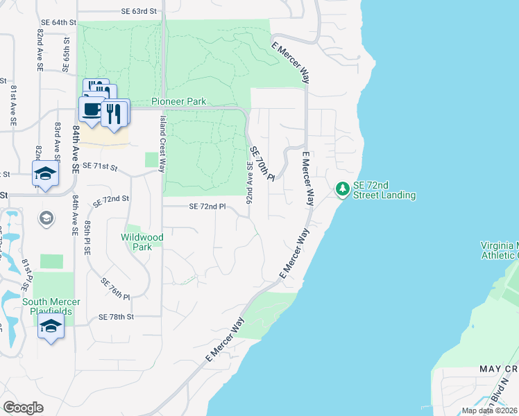 map of restaurants, bars, coffee shops, grocery stores, and more near 7215 93rd Avenue Southeast in Mercer Island