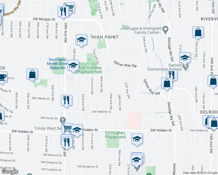map of restaurants, bars, coffee shops, grocery stores, and more near 7141 29th Avenue Southwest in Seattle